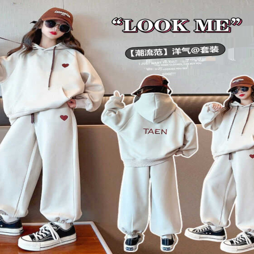 Girls Western style Spring and Autumn hooded embroidery medium and large children s Korean version hoodie with heart shaped embroidery sweatpants sports two piece set image 2