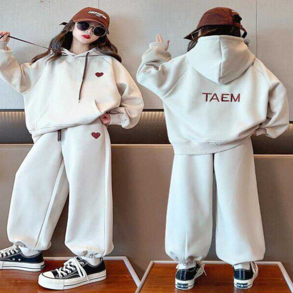 Girls Western style Spring and Autumn hooded embroidery medium and large children s Korean version hoodie with heart shaped embroidery sweatpants sports two piece set image 0