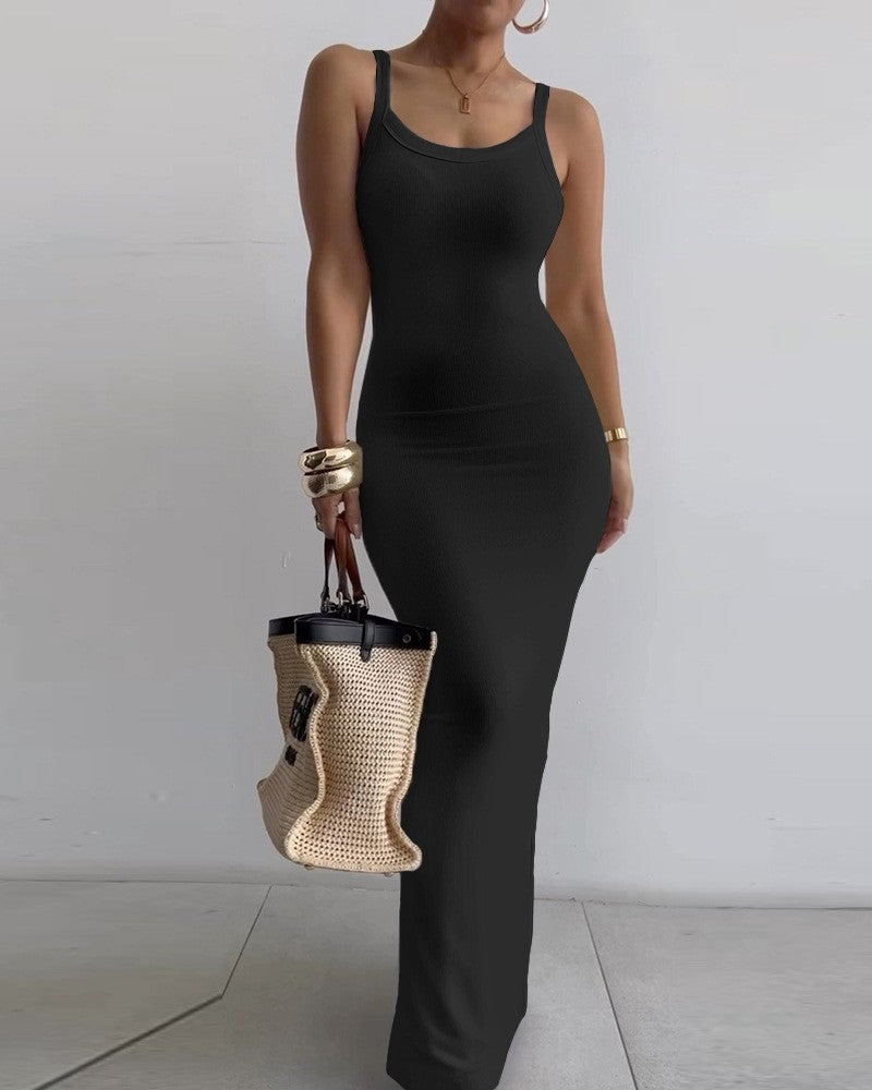 Women's Striped U-Neck Maxi Skims Dress European and American Water Wave Texture Tight Long Dress for Women