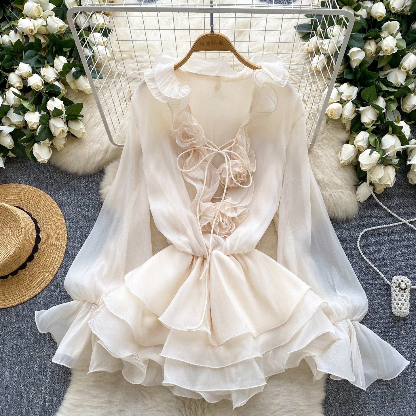 Fairy dress 2025 new atmosphere V-neck three-dimensional flower lace up waist cinched ruffle edge chiffon dress for women