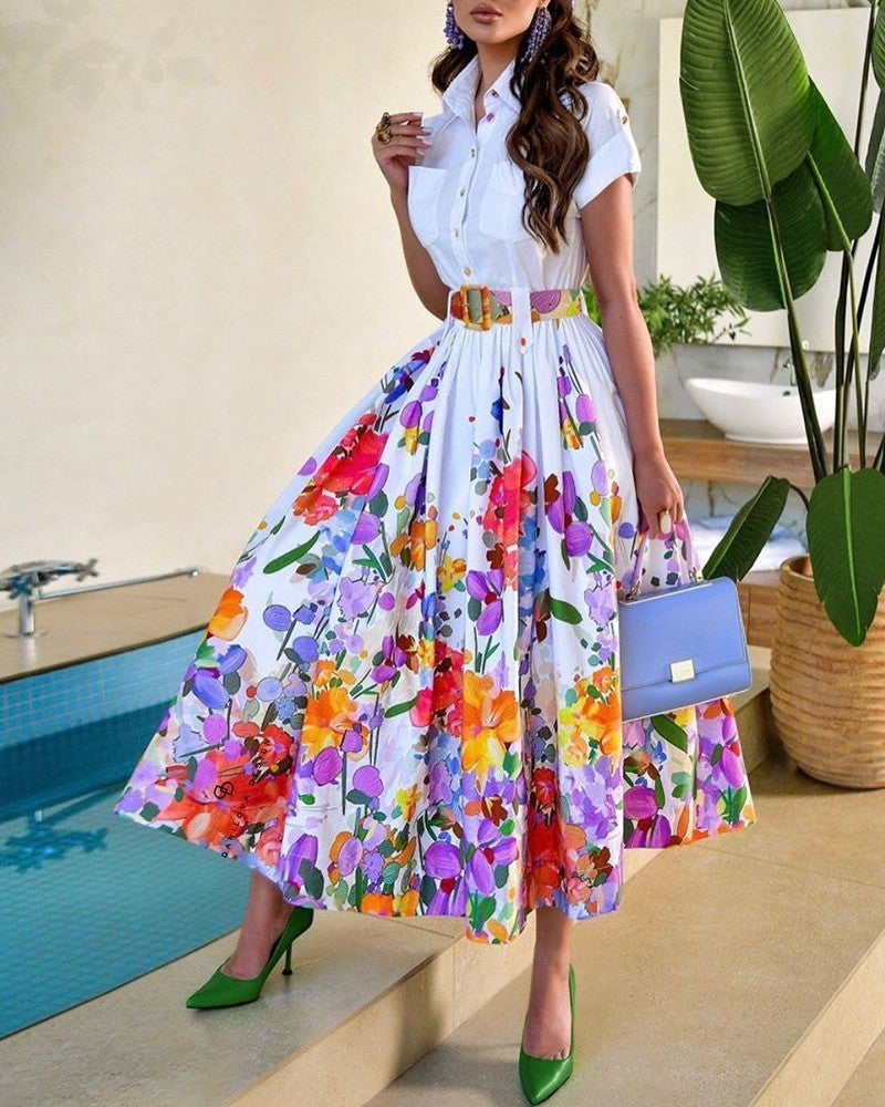 Floral Print Ruched Button Shirt Dress with floral waist cinching hem, long skirt
