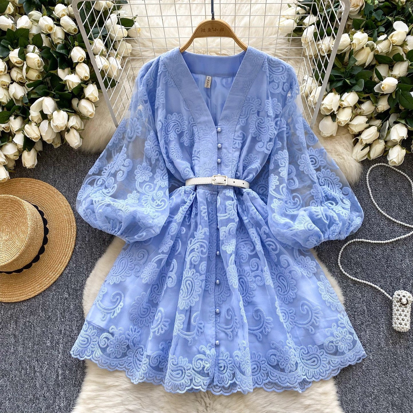 French Sweet Palace Style V-neck Lantern Sleeve Heavy Embroidery Waist slimming Single breasted A-line Elegant Dress for Women