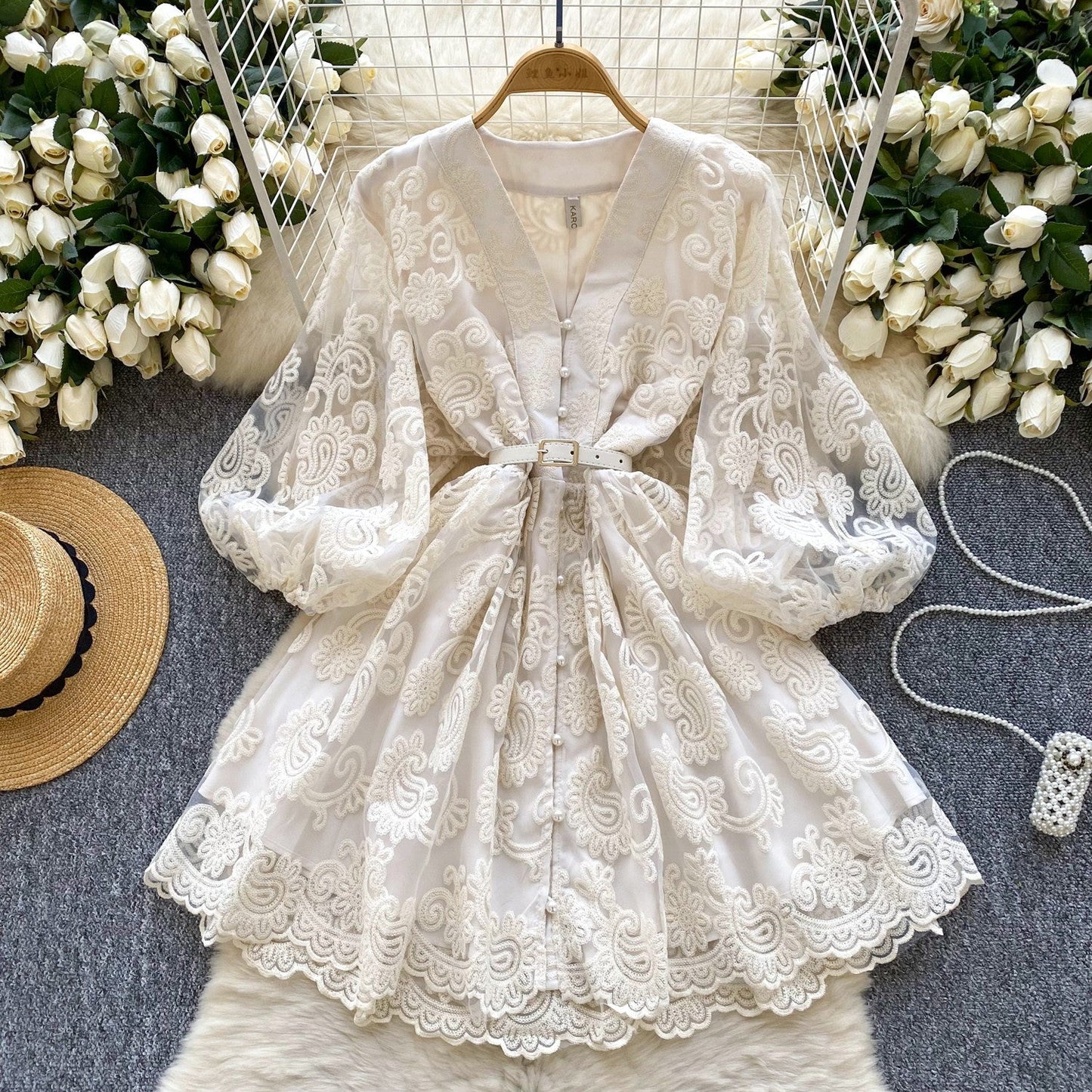 French Sweet Palace Style V-neck Lantern Sleeve Heavy Embroidery Waist slimming Single breasted A-line Elegant Dress for Women