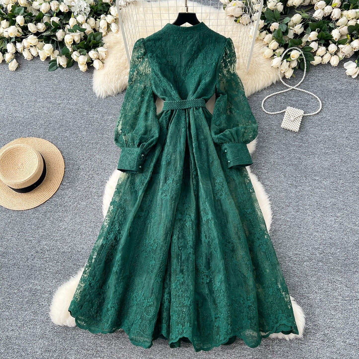 French high-end women's dress for spring 2025 with waist cinching, heavy embroidery, V-neck lantern sleeves, single breasted long skirt