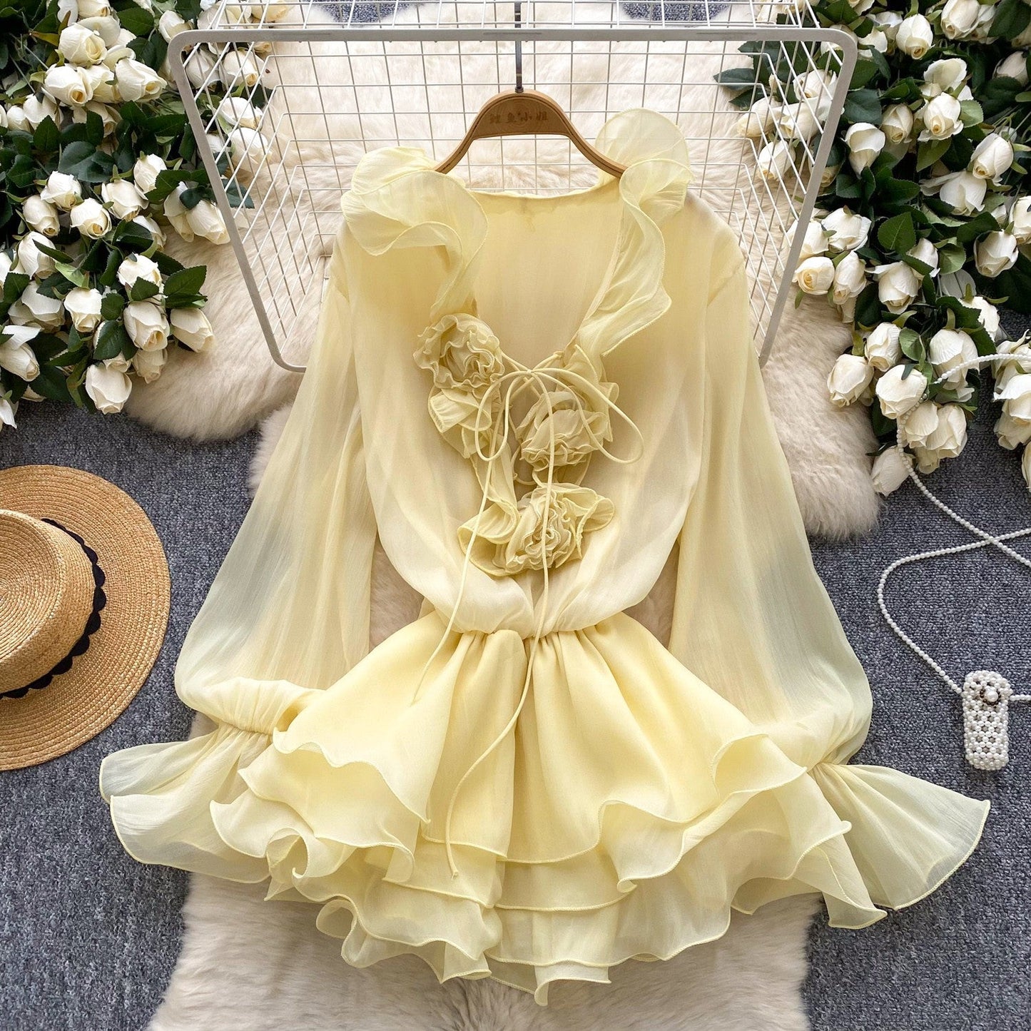 Fairy dress 2025 new atmosphere V-neck three-dimensional flower lace up waist cinched ruffle edge chiffon dress for women