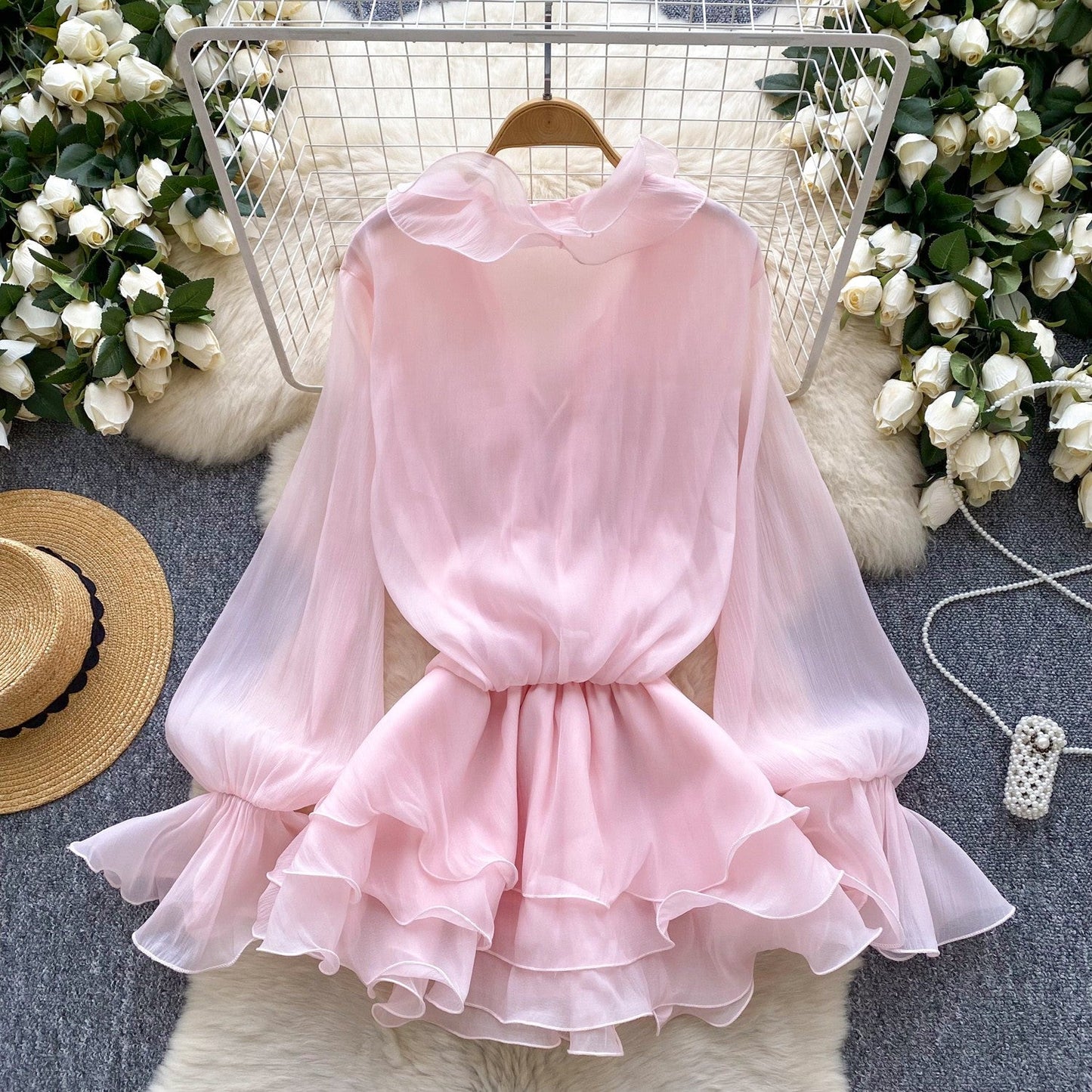 Fairy dress 2025 new atmosphere V-neck three-dimensional flower lace up waist cinched ruffle edge chiffon dress for women