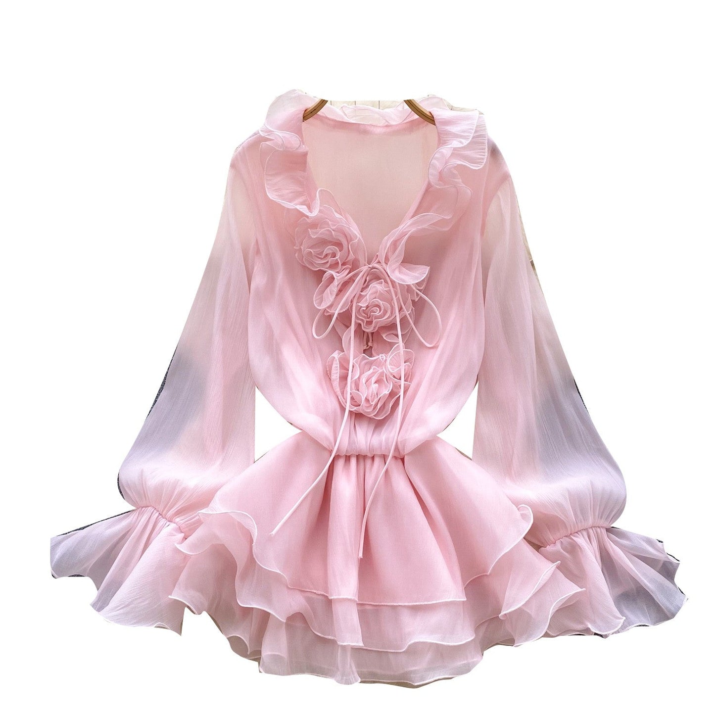 Fairy dress 2025 new atmosphere V-neck three-dimensional flower lace up waist cinched ruffle edge chiffon dress for women