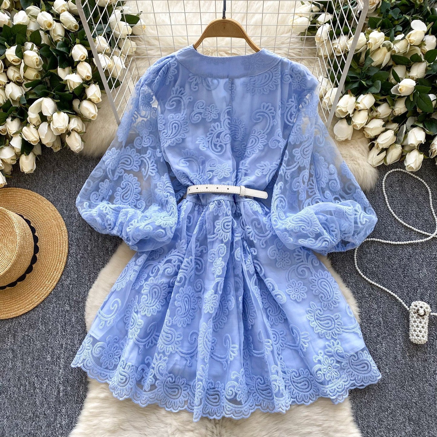 French Sweet Palace Style V-neck Lantern Sleeve Heavy Embroidery Waist slimming Single breasted A-line Elegant Dress for Women