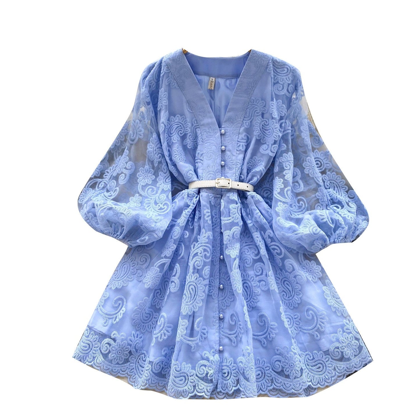 French Sweet Palace Style V-neck Lantern Sleeve Heavy Embroidery Waist slimming Single breasted A-line Elegant Dress for Women