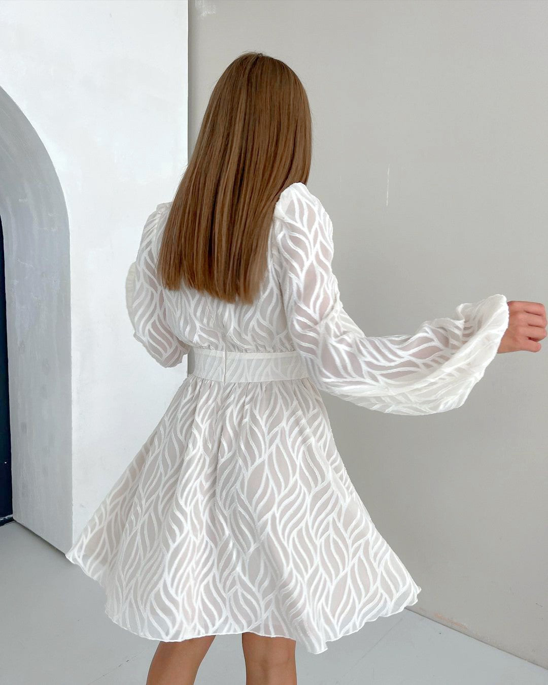 Hollow Jacquard Lantern Sleeve Dress