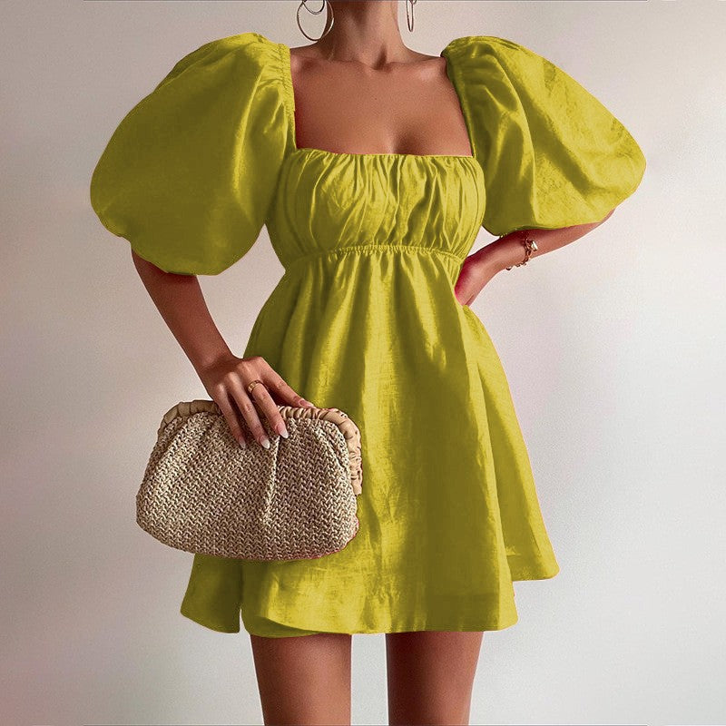 Loose Square Neck Bubble Sleeve Dress