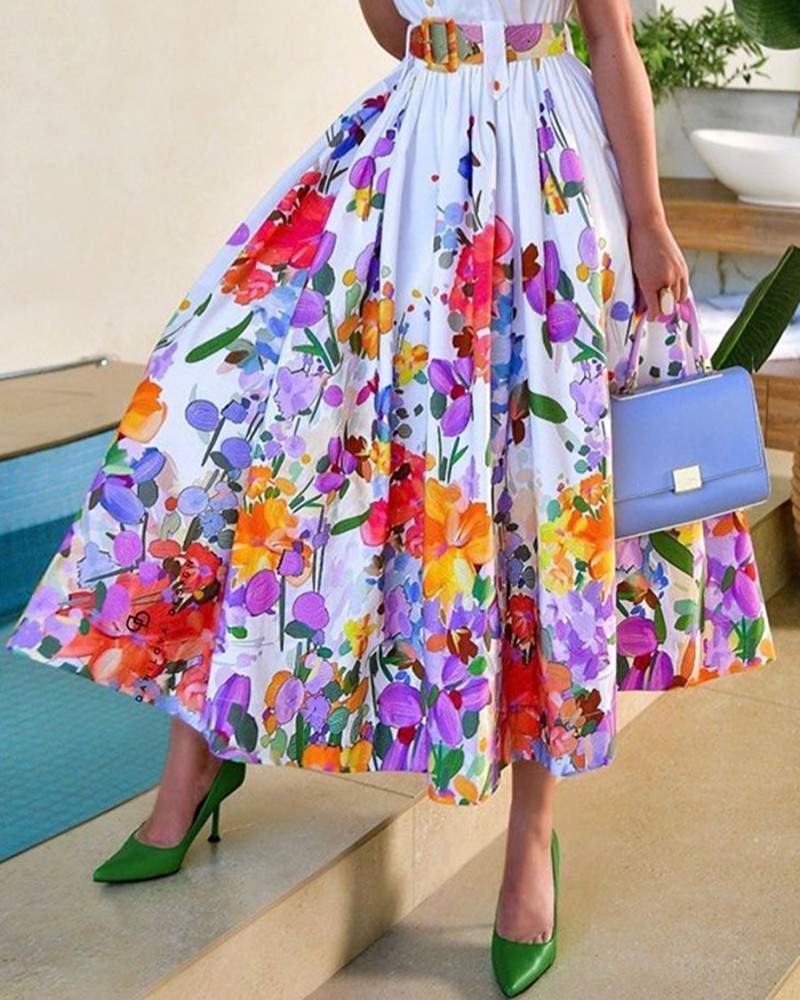 Floral Print Ruched Button Shirt Dress with floral waist cinching hem, long skirt
