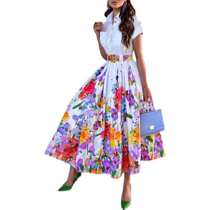 Floral Print Ruched Button Shirt Dress with floral waist cinching hem, long skirt