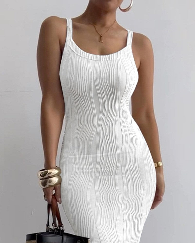 Women's Striped U-Neck Maxi Skims Dress European and American Water Wave Texture Tight Long Dress for Women