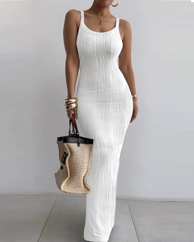 Women's Striped U-Neck Maxi Skims Dress European and American Water Wave Texture Tight Long Dress for Women