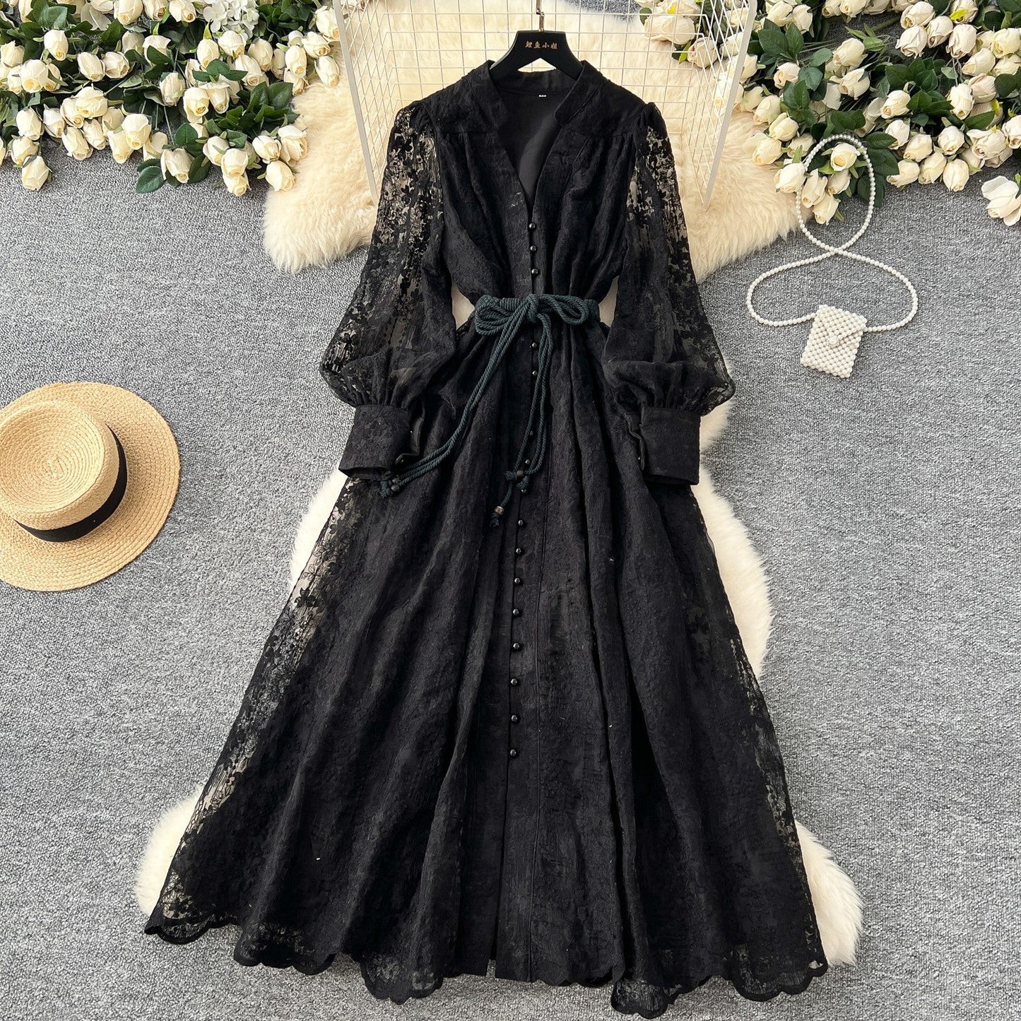 French high-end women's dress for spring 2025 with waist cinching, heavy embroidery, V-neck lantern sleeves, single breasted long skirt