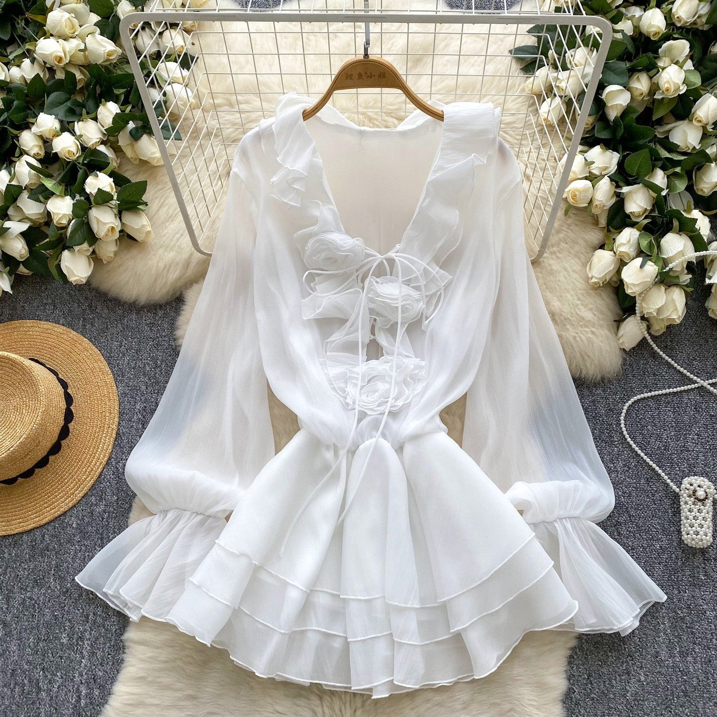 Fairy dress 2025 new atmosphere V-neck three-dimensional flower lace up waist cinched ruffle edge chiffon dress for women