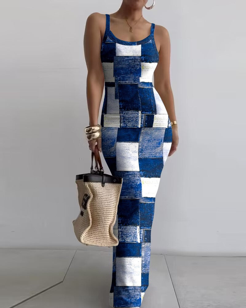 Women's Striped U-Neck Maxi Skims Dress European and American Water Wave Texture Tight Long Dress for Women