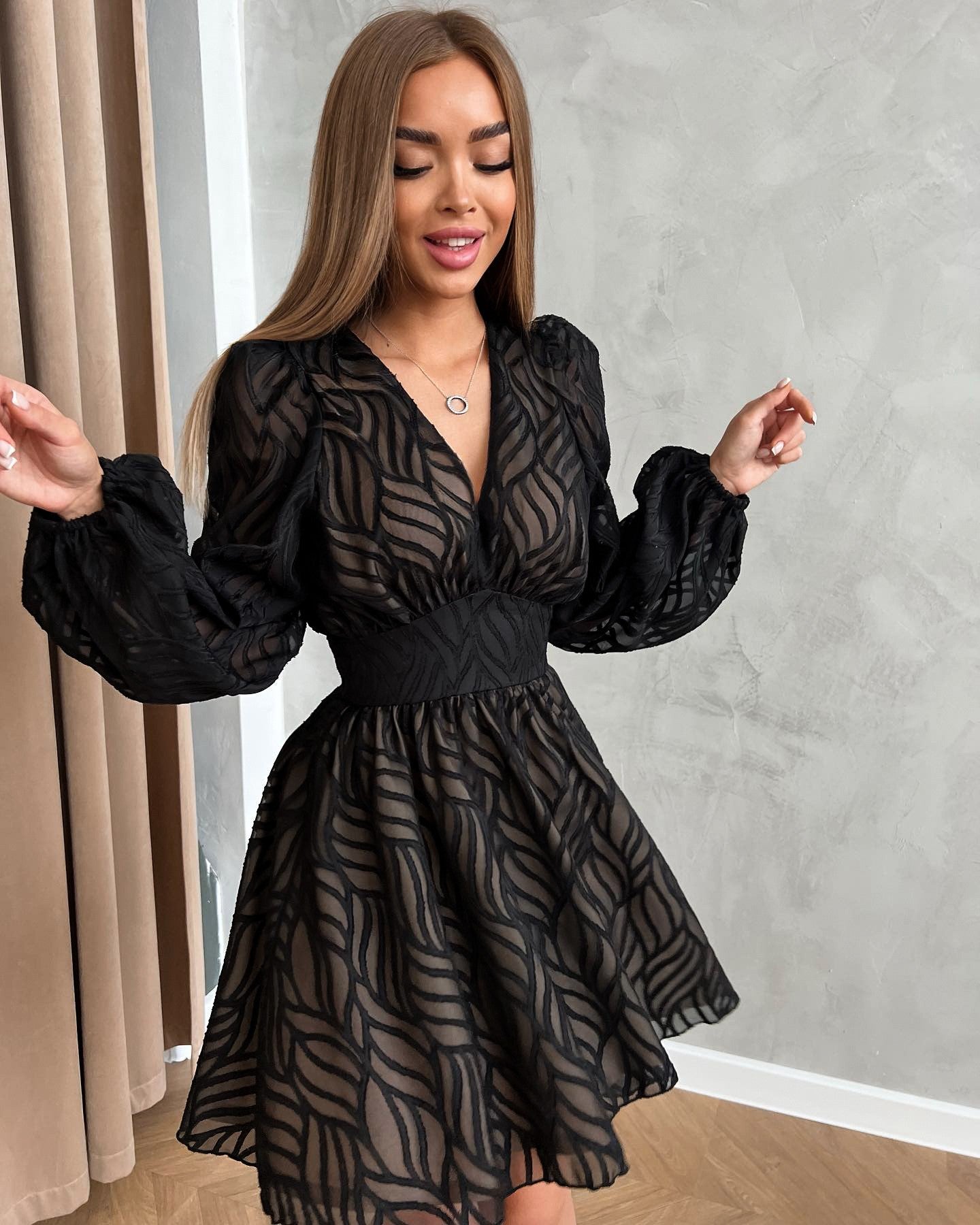 Hollow Jacquard Lantern Sleeve Dress