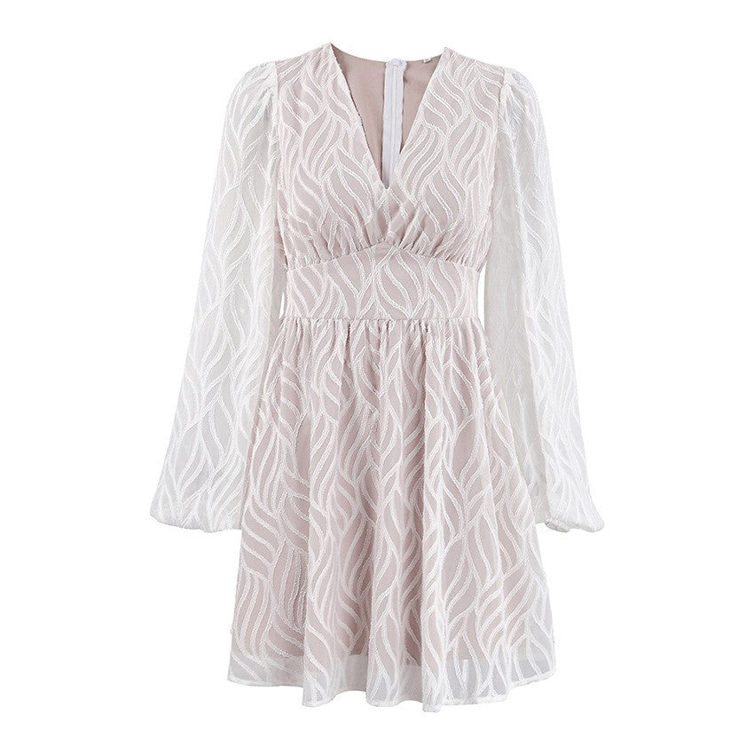 Hollow Jacquard Lantern Sleeve Dress