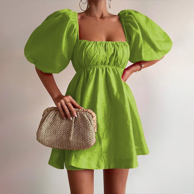 Loose Square Neck Bubble Sleeve Dress