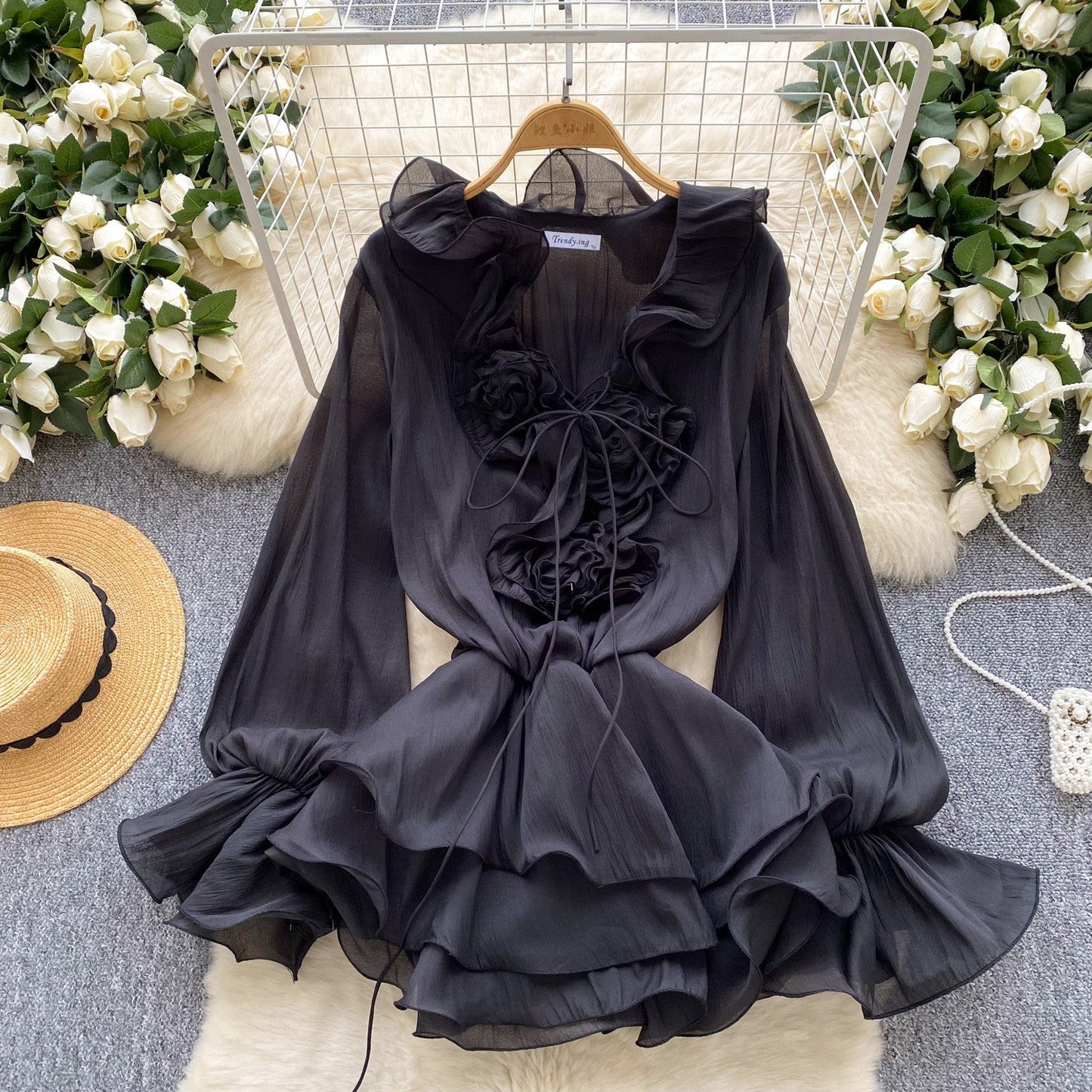 Fairy dress 2025 new atmosphere V-neck three-dimensional flower lace up waist cinched ruffle edge chiffon dress for women