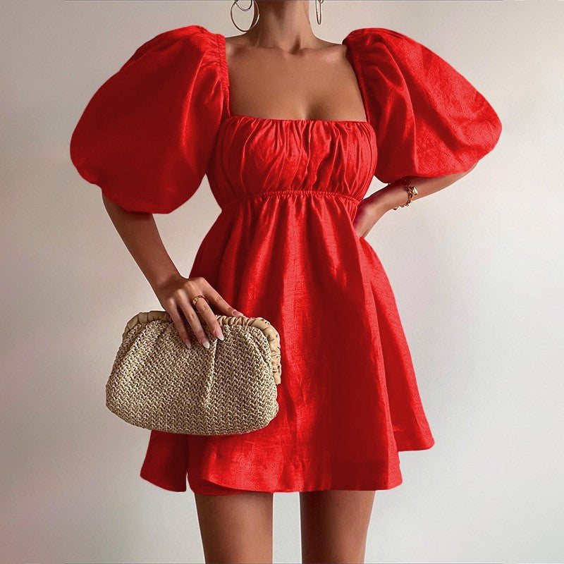 Loose Square Neck Bubble Sleeve Dress