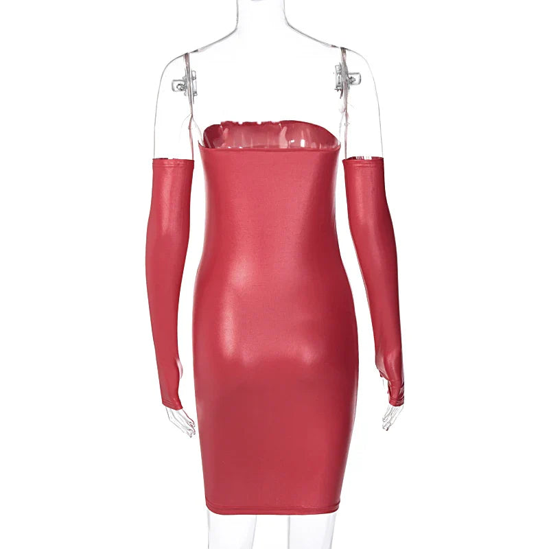 Faux PU Leather With Gloves Party Dress Women Backless Sexy Hot Clubwear Skinny Slim Solid Fashion Bodycon Mini Dresses