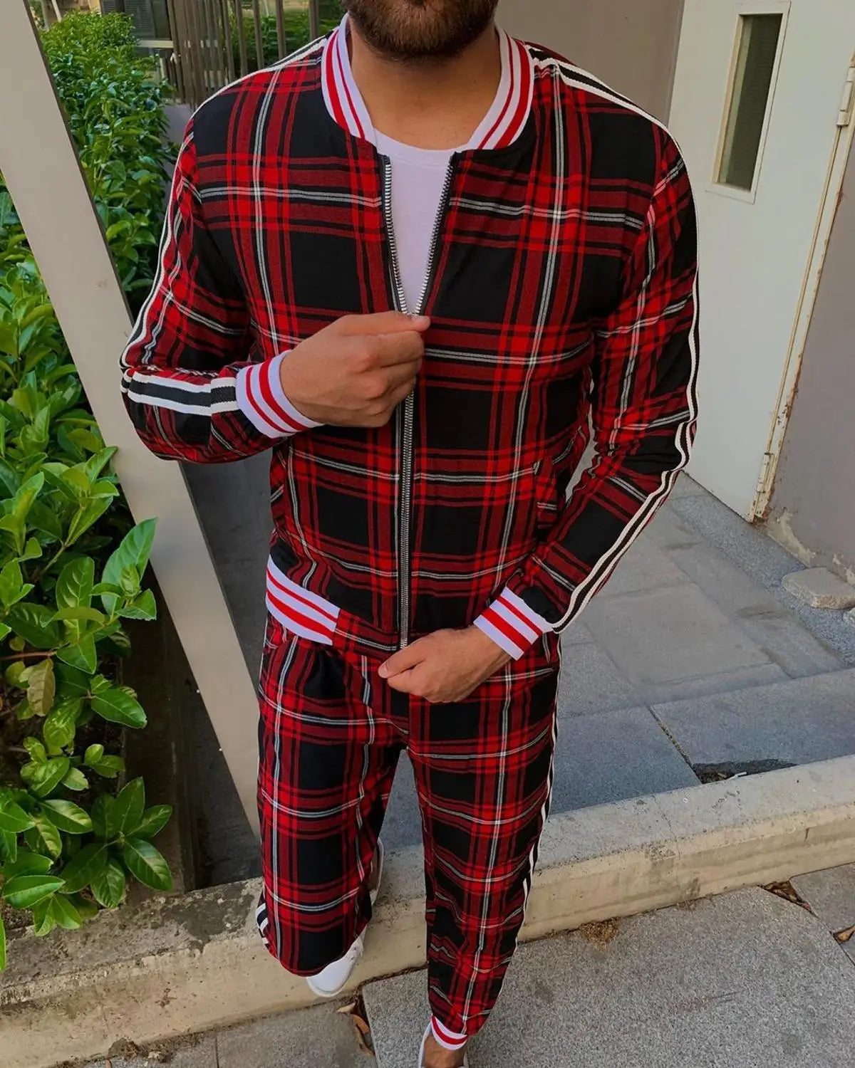 Men' 3D Plaid Sports Gentlemen Sets Jacket Men Set Tracksuit Street Fashi Trend Fashion Stand-up Collar Zipper Sportswear Suit