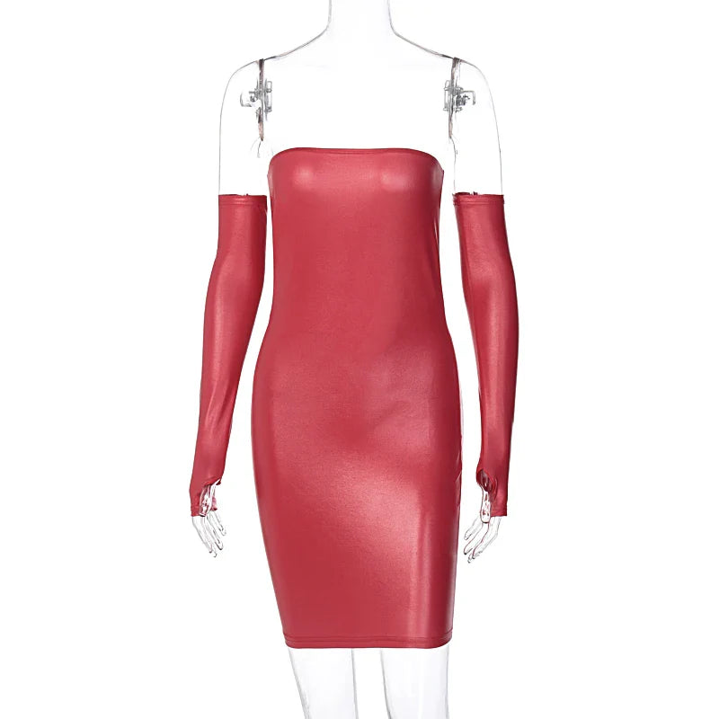 Faux PU Leather With Gloves Party Dress Women Backless Sexy Hot Clubwear Skinny Slim Solid Fashion Bodycon Mini Dresses