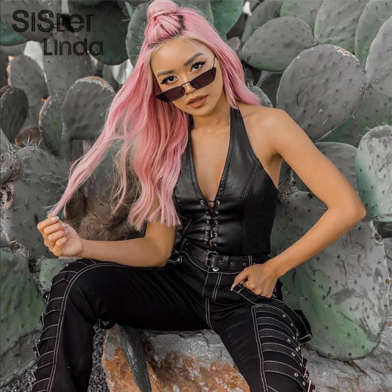 Sisterlinda Sexy Punk Y2K Black PU Leather Crop Top Womens Sleeveless Deep V Neck Backless Camisole Fashion Party Club Vests2021