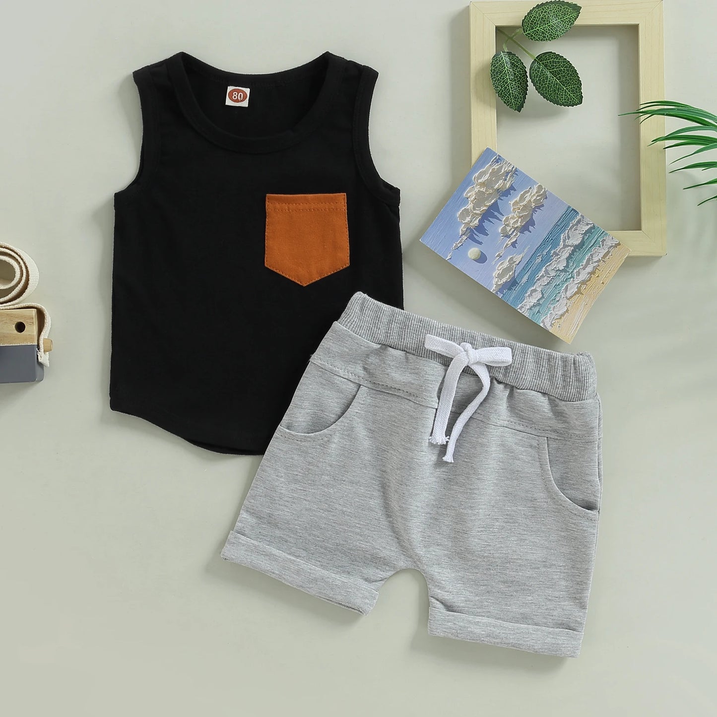 Black White / Black T-shirt Sleeveless for Baby Boy Summer Clothing Set