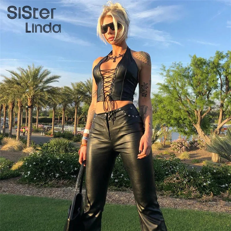 Sisterlinda Sexy Punk Y2K Black PU Leather Crop Top Womens Sleeveless Deep V Neck Backless Camisole Fashion Party Club Vests2021
