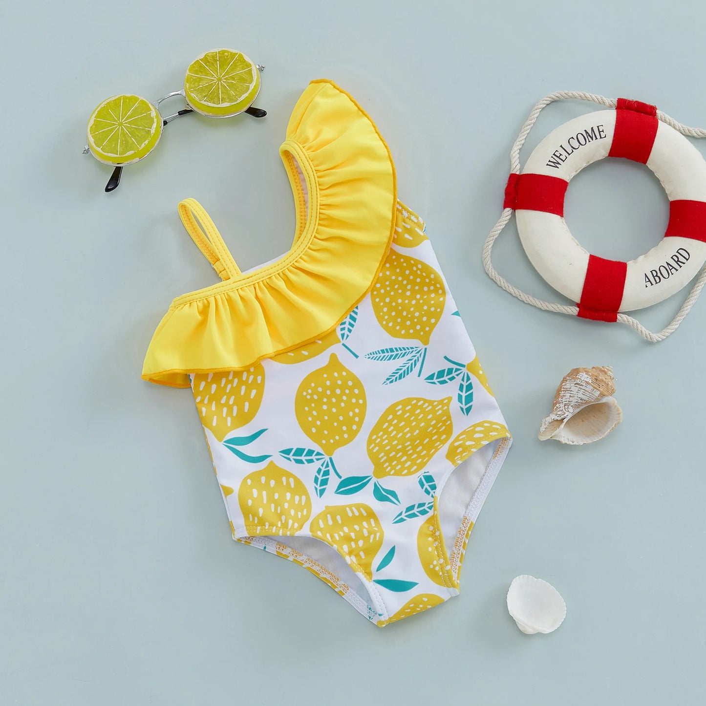 BeQeuewll Children Girl Summer Swimsuit Beach Wear Ruffle Sleeveless One Shoulder Lemon Print Baby Bathing Suit Infant Swimwear