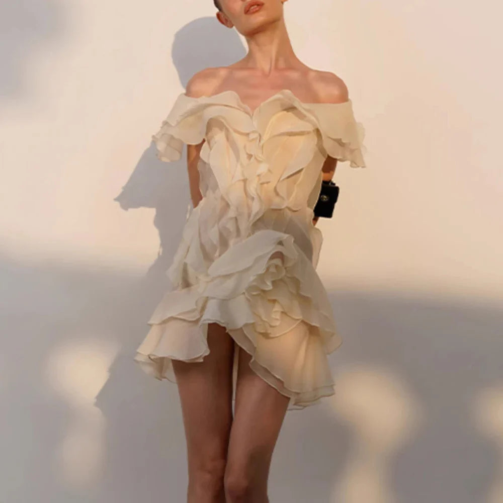 VGH Sexy Short Dress For Women Slash Neck Off The Shoulder Sleeve Backless High Waist Spliced Ruffles Dresses Female Fashion New