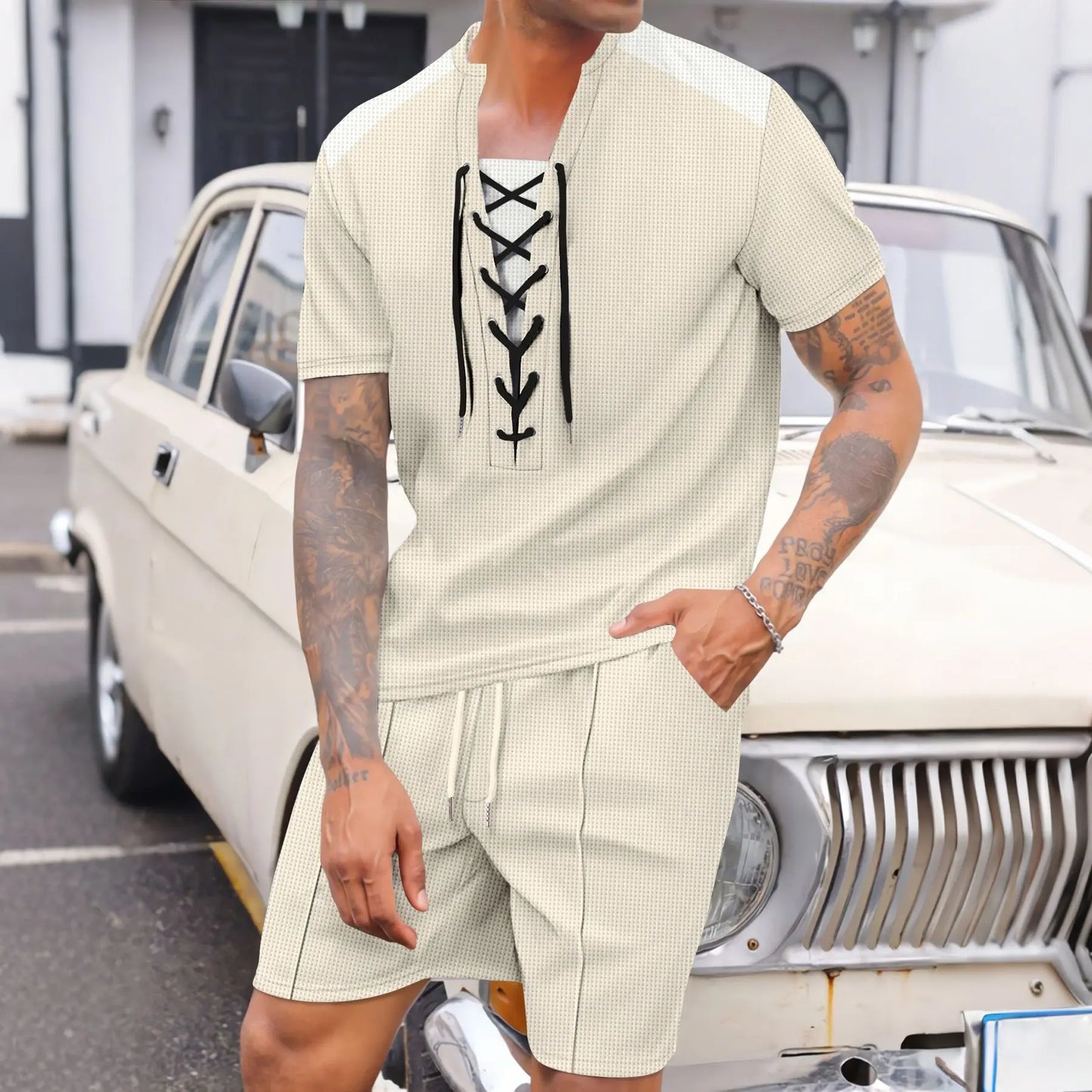 2025 summer men's new leisure fashion city wear rope round neck T trend Waffle short-sleeved shorts two-piece suit
