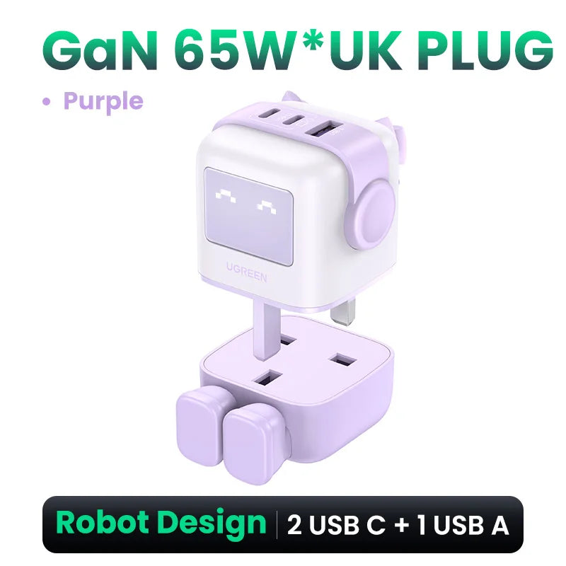 UGREEN 65W GaN зарядний пристрій Uno Robot Design швидка зарядка 4.0 3.0 PPS PD швидкий зарядний пристрій для iPhone 16 15 14 Pro Macbook ноутбук планшет