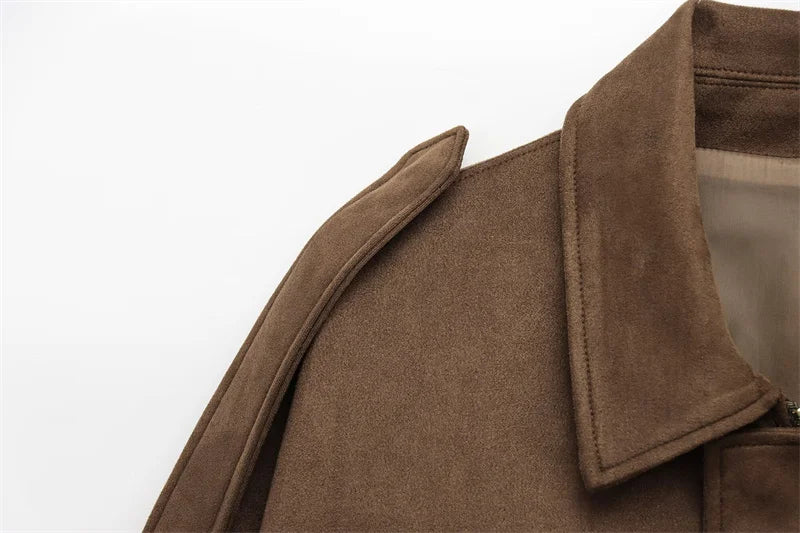 Fashion Brown Suede Bomber Jacket Women Elegant Zipper Lapel Long Sleeve Short Coats Female Vintage Street Chic Lady Outerwear