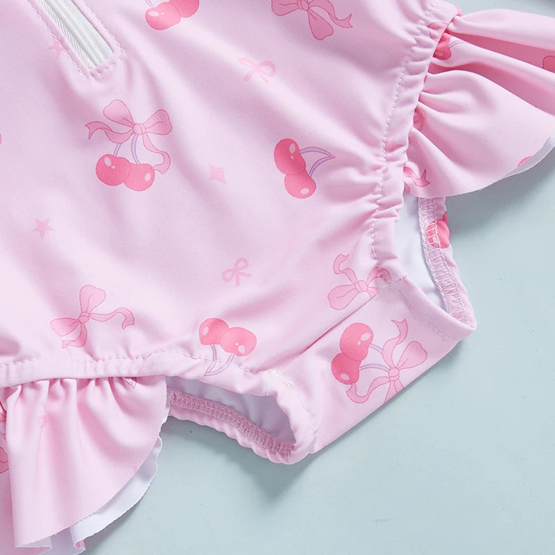 Toddler Baby Girls Rash Guard Swimsuits with Hat 2 Pcs Set Bow Pattern Zip Up Long Sleeve Crew Neck Baby Girls Swimwears