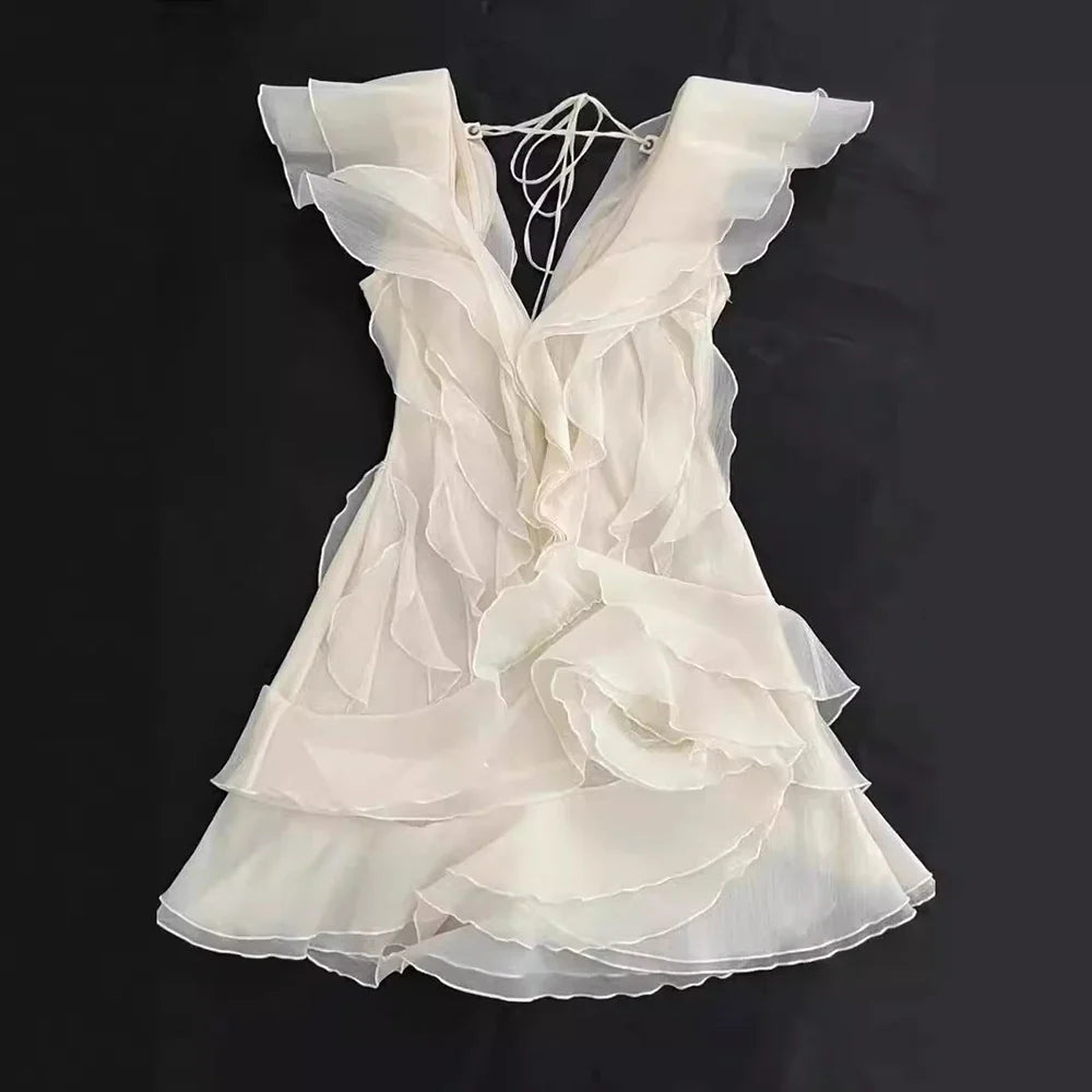VGH Sexy Short Dress For Women Slash Neck Off The Shoulder Sleeve Backless High Waist Spliced Ruffles Dresses Female Fashion New
