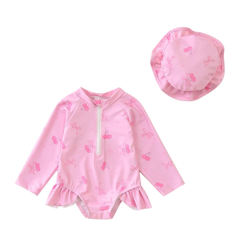 Toddler Baby Girls Rash Guard Swimsuits with Hat 2 Pcs Set Bow Pattern Zip Up Long Sleeve Crew Neck Baby Girls Swimwears