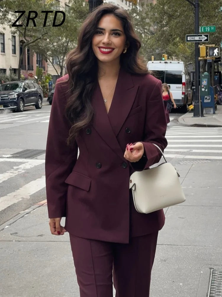 Vintage Women's Burgundy Blazers Elegant Lapel Double Breasted Pocket Full Sleeve Suit Jacket 2024 Autumn Lady Office Outwear