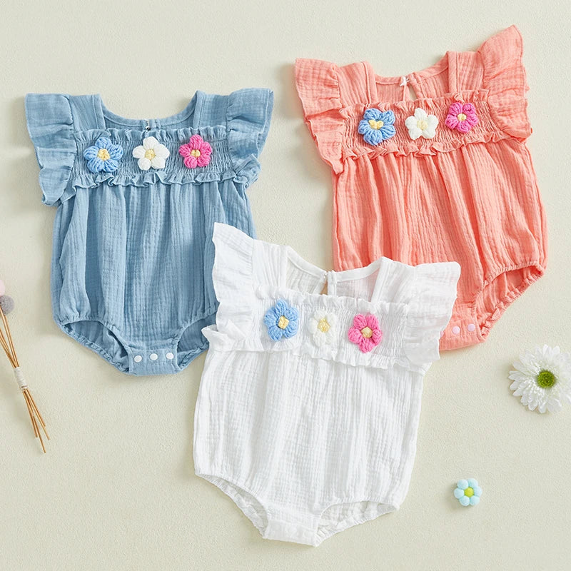 2025-01-02 Lioraitiin Baby Girl Romper Smocked Flower Embroidery Flying Sleeve Newborn Jumpsuit Perfect Summer