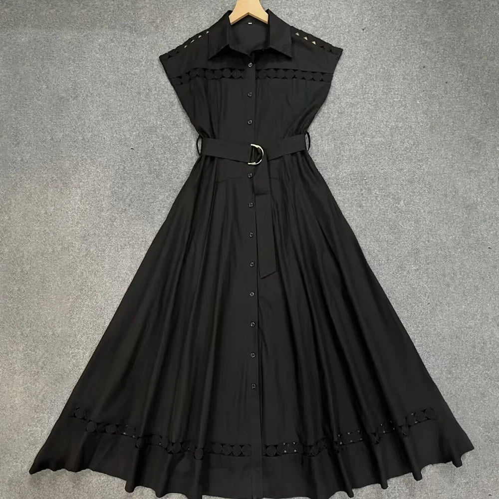 VGH Solid Color Patchwork Sashes Women's Party Dresses Lapel Short Sleeve High Waist Spliced Hollow Out Pleated Dress Female New