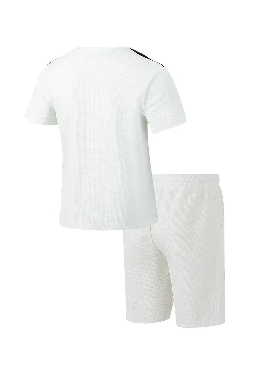 2025 summer men's new leisure fashion city wear rope round neck T trend Waffle short-sleeved shorts two-piece suit