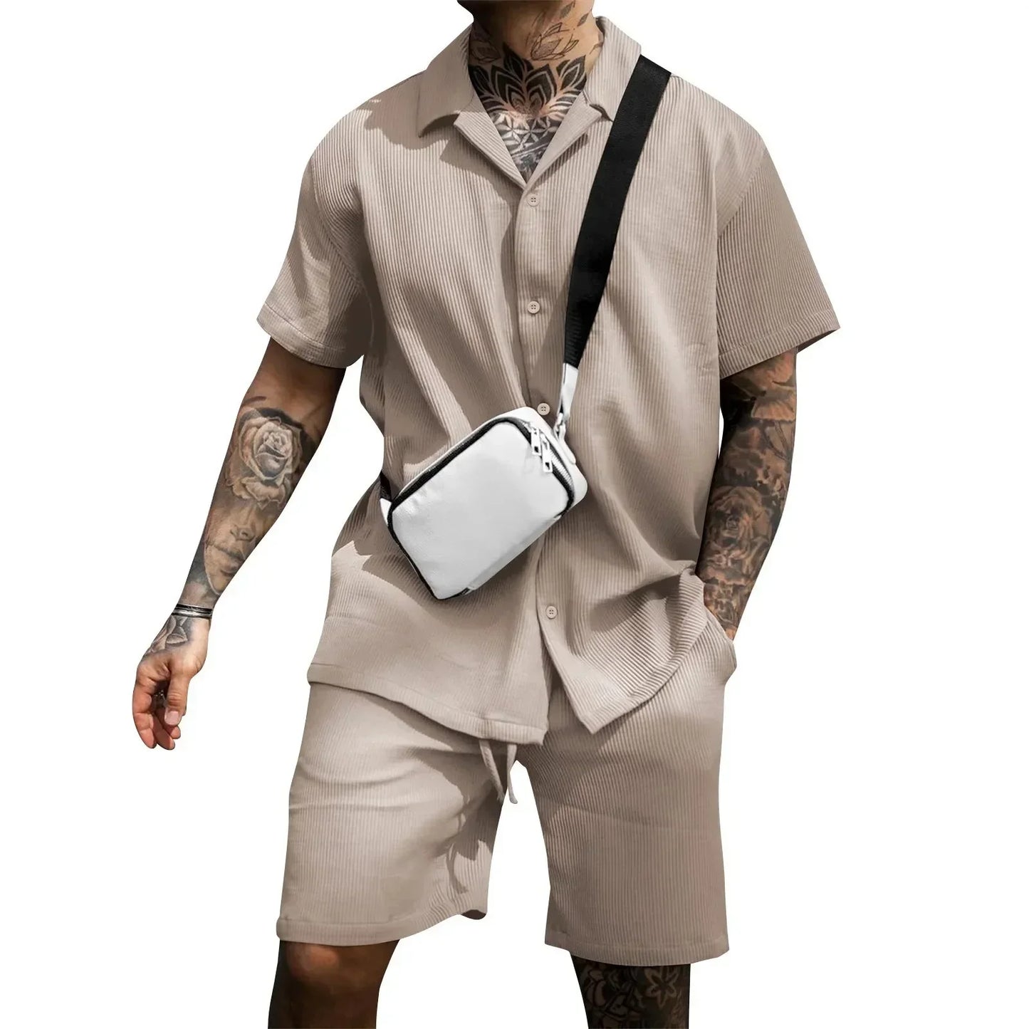 2024 Summer Solid Casual Losse Men's Sets Soft Single Breasted Shirts Shorts 2 Pieces Sets for Men Fashoin Polo Sweatpants Suit