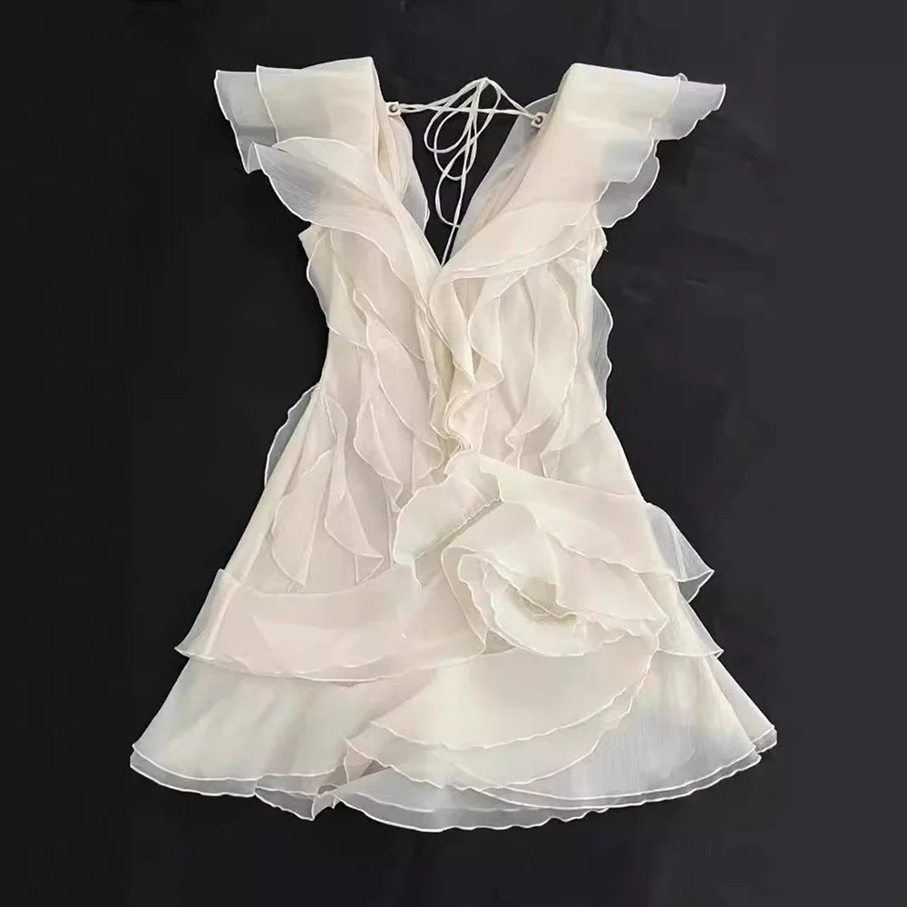 VGH Sexy Short Dress For Women Slash Neck Off The Shoulder Sleeve Backless High Waist Spliced Ruffles Dresses Female Fashion New