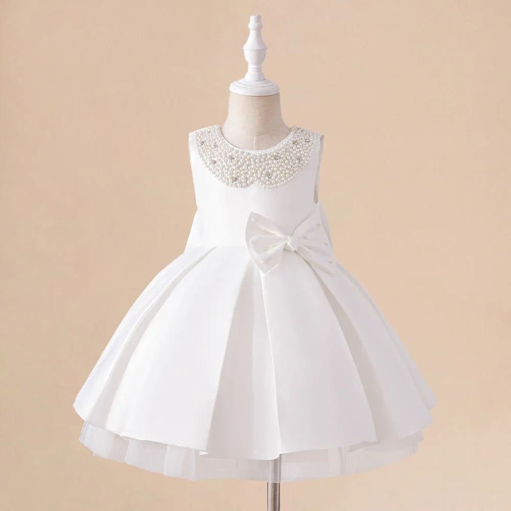 Baby Party Dress Girl Beading Bow Birthday Dress Flower Wedding Beading Toddler Kids Baptism Princess Christening Costume