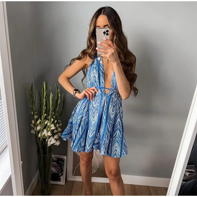 Sexy Halter Neck Beach Dresses For Women Printed Deep V-neck Backless Mini A-line Dress Chic Party Vacation Casual Lady Vestidos