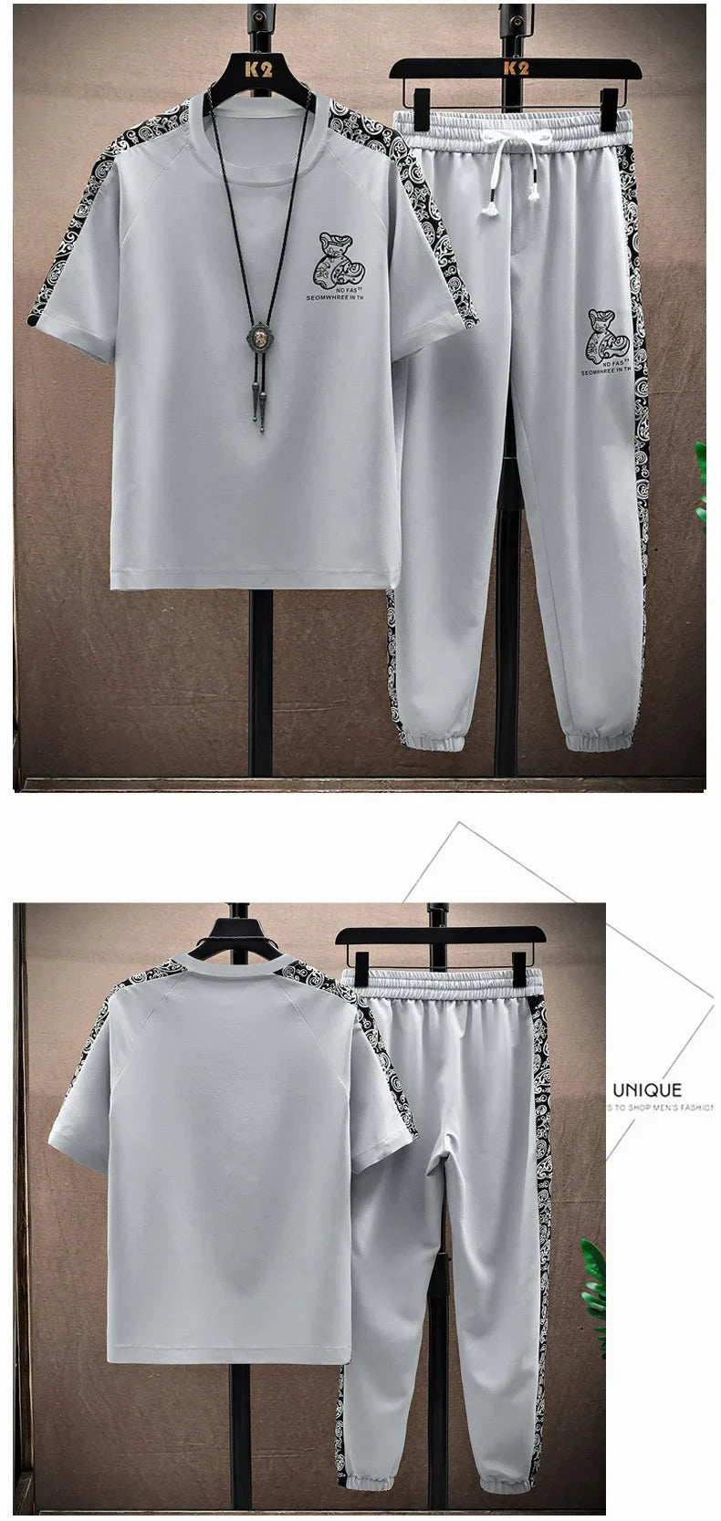 Summer Men's Trousers Tracksuit 2 Piece Set Fashion Tops Tees Ice silk Short Sleeve T Shirt+Pants Vintage Casual Sweatpants